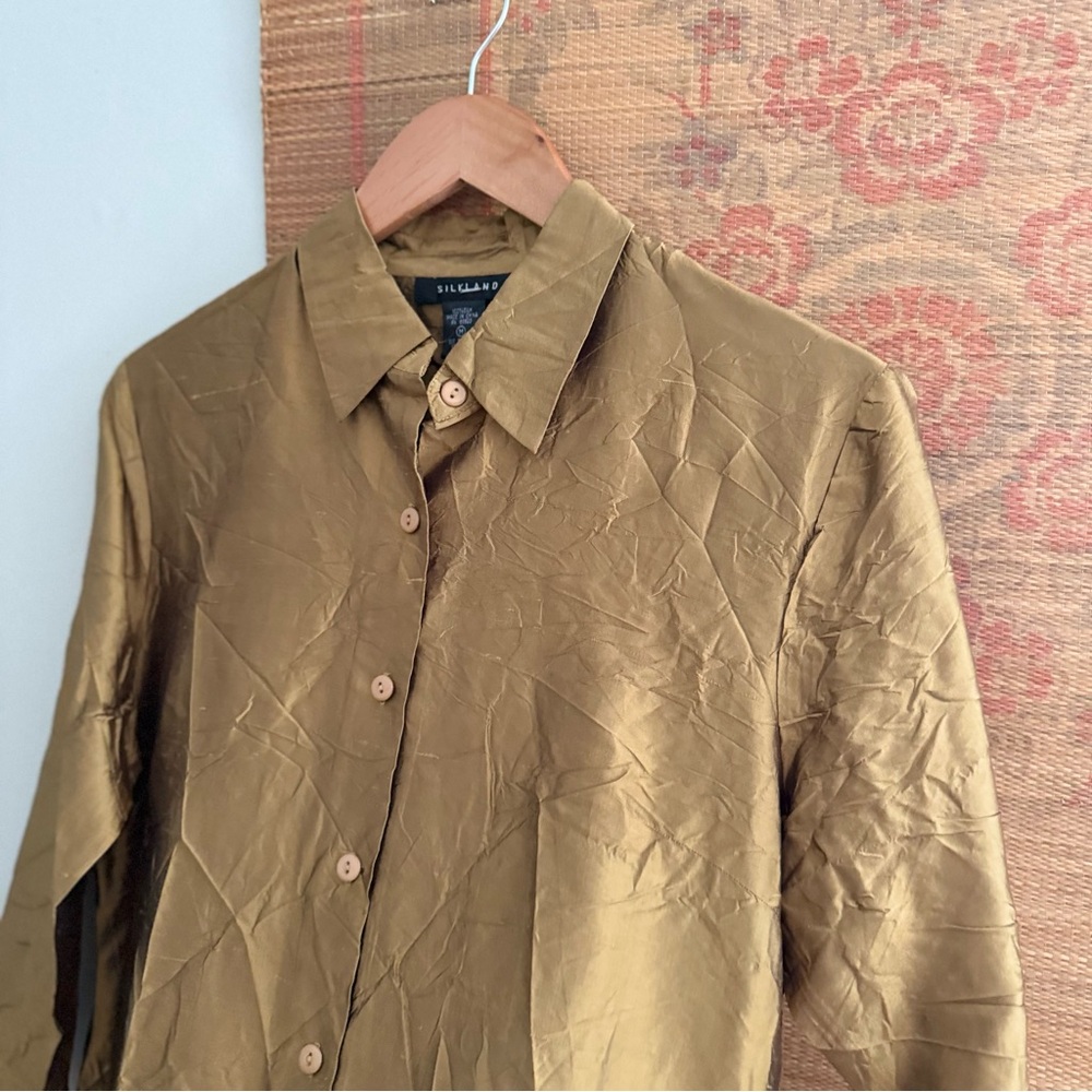 Vintage Unlined Olive Gold Silk Crinkle Button Down Shirt Dress Medium - Picture 6 of 7